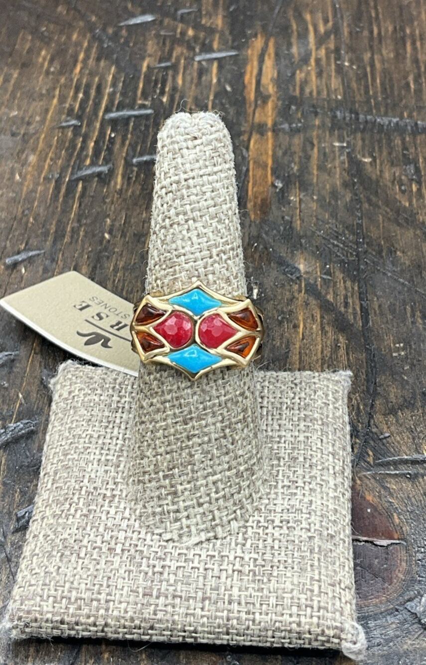 Barse Alexis Ring- Amber, Turquoise & Raspberry Quartz- Bronze-8-NWT